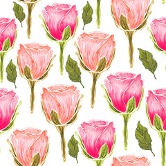 Pink and beige rosebuds on a white background. Seamless pattern. Digital illustration. Design for greeting card, print, fabric, wrapping. 