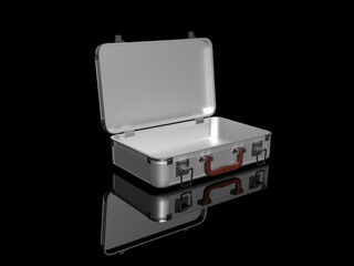 Obraz premium 3D render. Open aluminum case on black glossy background
