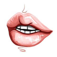 Women's mouths. Parted painted lips, teeth. Realistic image. Digital painting.