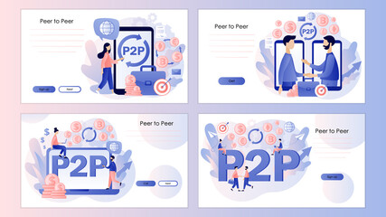 Fototapeta premium Peer-to-peer trading. P2P lending. Investment. Deposit. Tiny people invest e-money. Cryptocurrency Screen template for landing page, template, ui, web, mobile app, poster, banner, flyer. Vector 