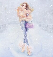 Watercolor blonde girl in fur coat and jeans, with bag on winter background with snow. Christmas illustration for designers, book publishers, for printing on T-shirts, fabrics, phone covers, postcards