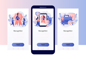 HR recognition concept. Best employee and specialist with great reputation. Tiny people professional. Business success. Screen template for mobile, smartphone app. Modern flat cartoon style. Vector