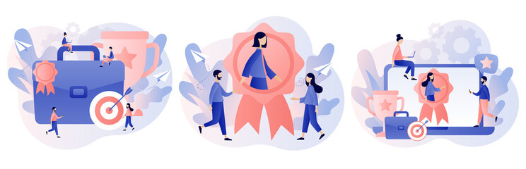 HR recognition concept. Best employee and specialist with great reputation. Tiny people professional. Business success. Modern flat cartoon style. Vector illustration on white background
