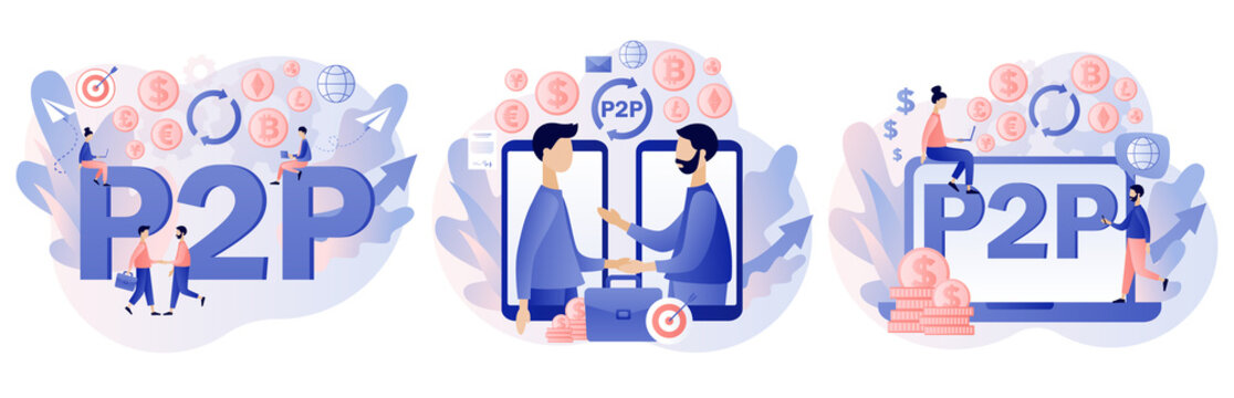 Peer-to-peer trading. P2P lending. Investment in loan. Deposit agreement. Tiny people invest e-money. Cryptocurrency. Modern flat cartoon style. Vector illustration on white background