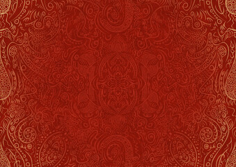 Hand-drawn unique abstract ornament. Light red on a bright red background, with vignette of same pattern in golden glitter. Paper texture. Digital artwork, A4. (pattern: p01a)