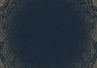 Deep blue textured paper with vignette of golden hand-drawn pattern. Copy space. Digital artwork, A4. (pattern: p01a)
