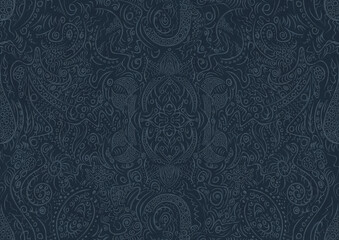 Hand-drawn unique abstract symmetrical seamless ornament. Light blue on a deep blue background. Paper texture. Digital artwork, A4. (pattern: p01a)