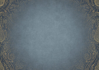 Light blue textured paper with vignette of golden hand-drawn pattern on a darker background color. Copy space. Digital artwork, A4. (pattern: p01a)