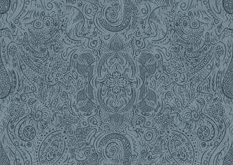 Hand-drawn unique abstract symmetrical seamless ornament. Dark blue on a light blue background. Paper texture. Digital artwork, A4. (pattern: p01a)