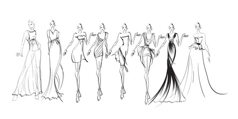 Set of young beautiful women in stylish clothes. Sale concept. Hand-drawn fashion illustration. Fashion sketch.