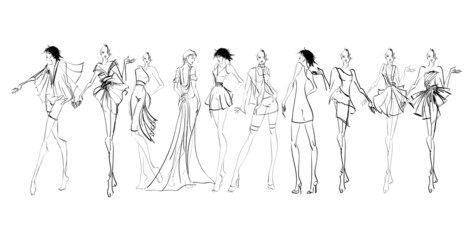 Set of young beautiful women in stylish clothes. Sale concept. Hand-drawn fashion illustration. Fashion sketch.