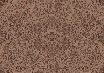 Hand-drawn unique abstract symmetrical seamless ornament. Brown on a light brown background. Paper texture. Digital artwork, A4.  (pattern: p01a)