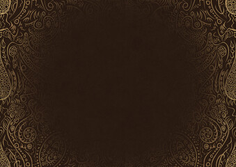 Dark brown textured paper with vignette of golden hand-drawn pattern. Copy space. Digital artwork, A4. (pattern: p01a)