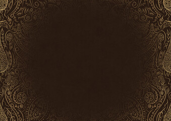 Dark brown textured paper with vignette of golden hand-drawn pattern. Copy space. Digital artwork, A4. (pattern: p01a)