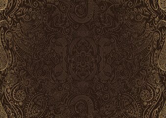 Hand-drawn unique abstract ornament. Light semi transparent brown on a dark brown background, with vignette of same pattern in golden glitter. Paper texture. Digital artwork, A4. (pattern: p01a)