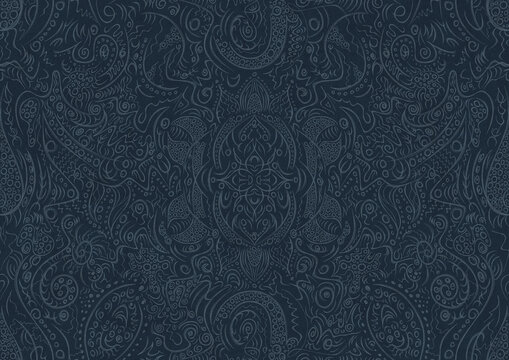 Hand-drawn unique abstract symmetrical seamless ornament. Light blue on a deep blue background. Paper texture. Digital artwork, A4. (pattern: p01a)