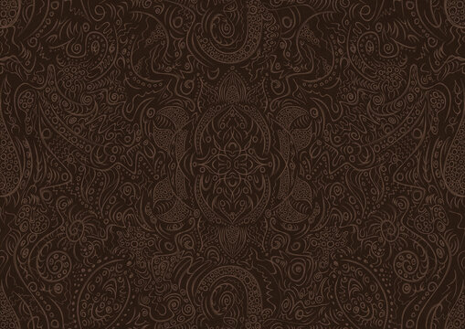 Hand-drawn unique abstract symmetrical seamless ornament. Light semi transparent brown on a dark brown background. Paper texture. Digital artwork, A4. (pattern: p01a)