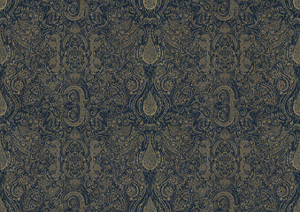 Hand-drawn unique abstract symmetrical seamless gold ornament on a deep blue background. Paper texture. Digital artwork, A4. (pattern: p01b)