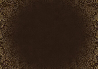 Dark brown textured paper with vignette of golden hand-drawn pattern. Copy space. Digital artwork, A4. (pattern: p01b)