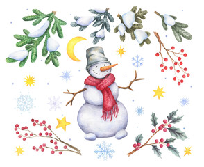 Winter set snowman christmas white background
