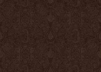 Hand-drawn unique abstract symmetrical seamless ornament. Light semi transparent brown on a dark brown background. Paper texture. Digital artwork, A4. (pattern: p01b)