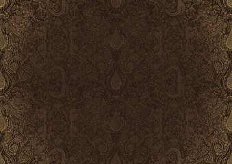 Hand-drawn unique abstract ornament. Light semi transparent brown on a dark brown background, with vignette of same pattern in golden glitter. Paper texture. Digital artwork, A4. (pattern: p01b)