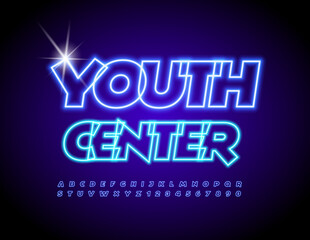 Vector bright Emblem Youth Center. Modern Glowing Font. Neon Alphabet Letters and Numbers set