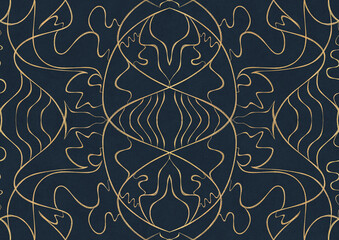 Hand-drawn unique abstract symmetrical seamless gold ornament on a deep blue background. Paper texture. Digital artwork, A4. (pattern: p02-1a)