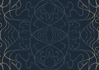 Hand-drawn unique abstract ornament. Light blue on a deep blue background, with vignette of same pattern in golden glitter. Paper texture. Digital artwork, A4. (pattern: p02-1a)