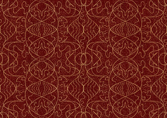 Hand-drawn unique abstract symmetrical seamless gold ornament with splatters of golden glitter on a deep red background. Paper texture. Digital artwork, A4. (pattern: p02-1b)