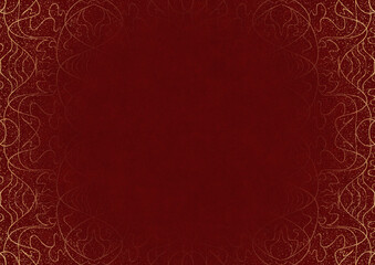 Deep red textured paper with vignette of golden hand-drawn pattern with splatters of golden glitter. Copy space. Digital artwork, A4. (pattern: p02-1b)