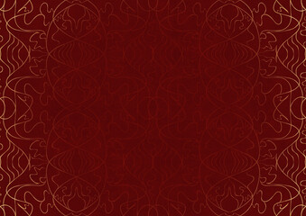 Hand-drawn unique abstract ornament. Light red on a deep red background, with vignette of same pattern in golden glitter. Paper texture. Digital artwork, A4. (pattern: p02-1b)