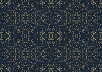 Hand-drawn unique abstract symmetrical seamless gold ornament on a deep blue background. Paper texture. Digital artwork, A4. (pattern: p02-1b)