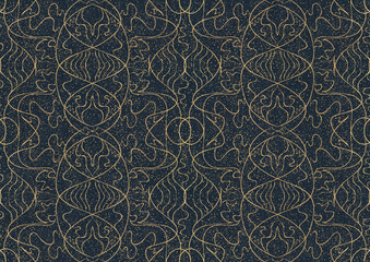Hand-drawn unique abstract symmetrical seamless gold ornament with splatters of golden glitter on a deep blue background. Paper texture. Digital artwork, A4. (pattern: p02-1b)