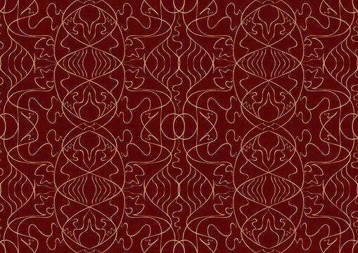 Hand-drawn unique abstract symmetrical seamless gold ornament on a deep red background. Paper texture. Digital artwork, A4. (pattern: p02-1b)