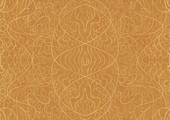 Hand-drawn unique abstract symmetrical seamless gold ornament with splatters of golden glitter on a yellow background. Paper texture. Digital artwork, A4. (pattern: p02-2a)