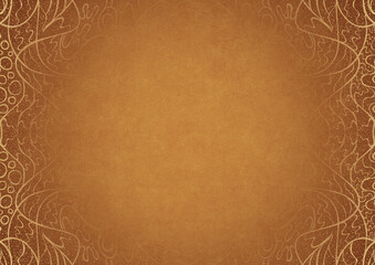 Yellow textured paper with vignette of darker color and golden hand-drawn pattern with splatters of golden glitter. Copy space. Digital artwork, A4. (pattern: p02-2a)