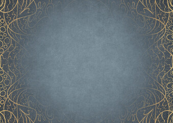Light blue textured paper with vignette of golden hand-drawn pattern and golden glittery splatter on a darker background color. Copy space. Digital artwork, A4. (pattern: p02-2a)