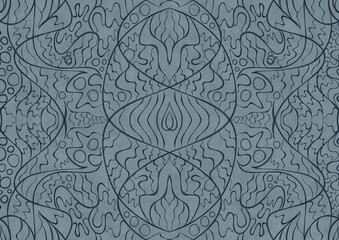 Hand-drawn unique abstract symmetrical seamless ornament. Dark blue on a light blue background. Paper texture. Digital artwork, A4. (pattern: p02-2a)