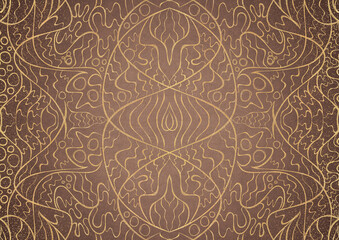 Hand-drawn unique abstract gold ornament on a light brown background, with vignette of darker backgound color and splatters of golden glitter. Paper texture. Digital artwork, A4. (pattern: p02-2a)