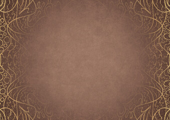 Light brown textured paper with vignette of darker color and golden hand-drawn pattern with splatters of golden glitter. Copy space. Digital artwork, A4. (pattern: p02-2a)