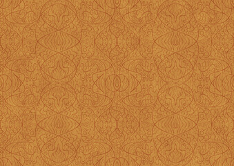 Hand-drawn unique abstract symmetrical seamless ornament. Light red on a yellow background. Paper texture. Digital artwork, A4. (pattern: p02-2b)