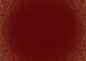 Deep red textured paper with vignette of golden hand-drawn pattern with splatters of golden glitter. Copy space. Digital artwork, A4. (pattern: p02-2b)