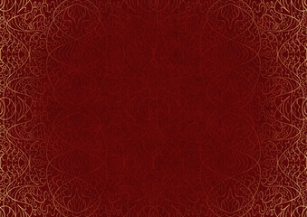 Hand-drawn unique abstract ornament. Light red on a deep red background, with vignette of same pattern in golden glitter. Paper texture. Digital artwork, A4. (pattern: p02-2b)