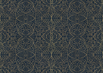 Hand-drawn unique abstract symmetrical seamless gold ornament on a deep blue background. Paper texture. Digital artwork, A4. (pattern: p02-2b)