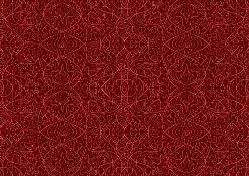 Hand-drawn unique abstract symmetrical seamless ornament. Bright red on a deep red background. Paper texture. Digital artwork, A4. (pattern: p02-2b)