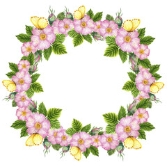 Rosehip frame with buds, leaves and butterfly colored hand-painting in watercolor on a white background. It's perfect and universal for the design of postcards, printing, textile, background.