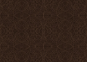 Hand-drawn unique abstract symmetrical seamless ornament. Light semi transparent brown on a dark brown background. Paper texture. Digital artwork, A4. (pattern: p02-2b)