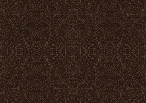 Hand-drawn unique abstract symmetrical seamless ornament. Light semi transparent brown on a dark brown background. Paper texture. Digital artwork, A4. (pattern: p02-2b) © Maria