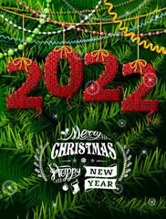 New Year 2022 in shape of knitted fabric against pine branches. Christmas wishes with decoration. Vector illustration for new years day, christmas, winter holiday, new years eve, silvester, etc